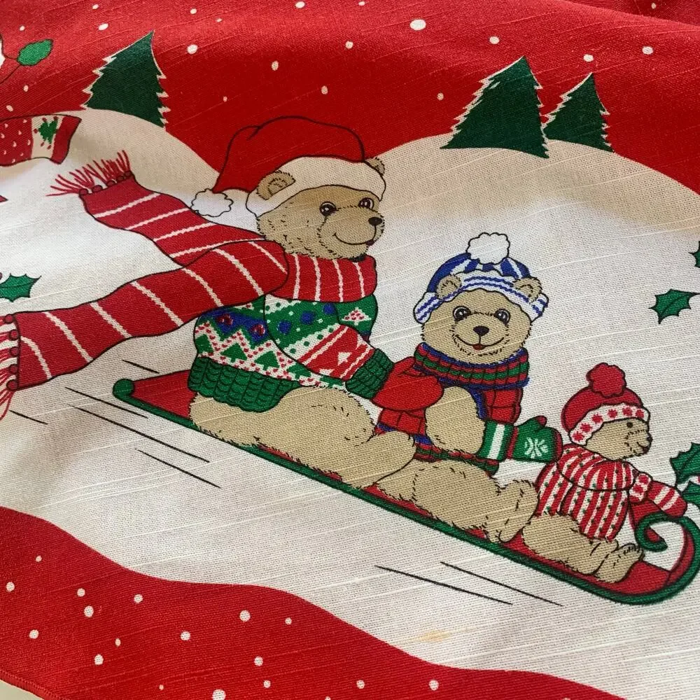 Vintage Christmas Tablecloth Round Red Holiday Teddy Bear Snow Scene 60” Decor